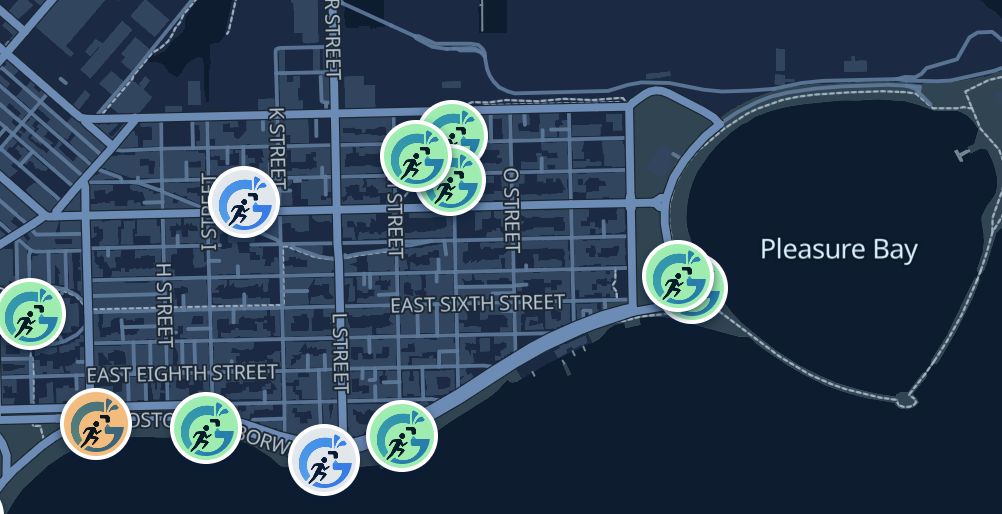 Gulp map around Pleasure Bay with green, white, and orange fountain markers.
